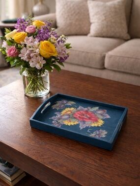 Vintage Floral Decoupage Wood Tray in Blue